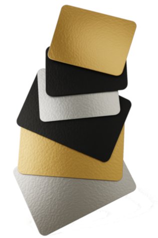 Black Laminated paperboard backing board used for moisture-resistant retail seafood packaging and structural support in vacuum-sealed fish products.